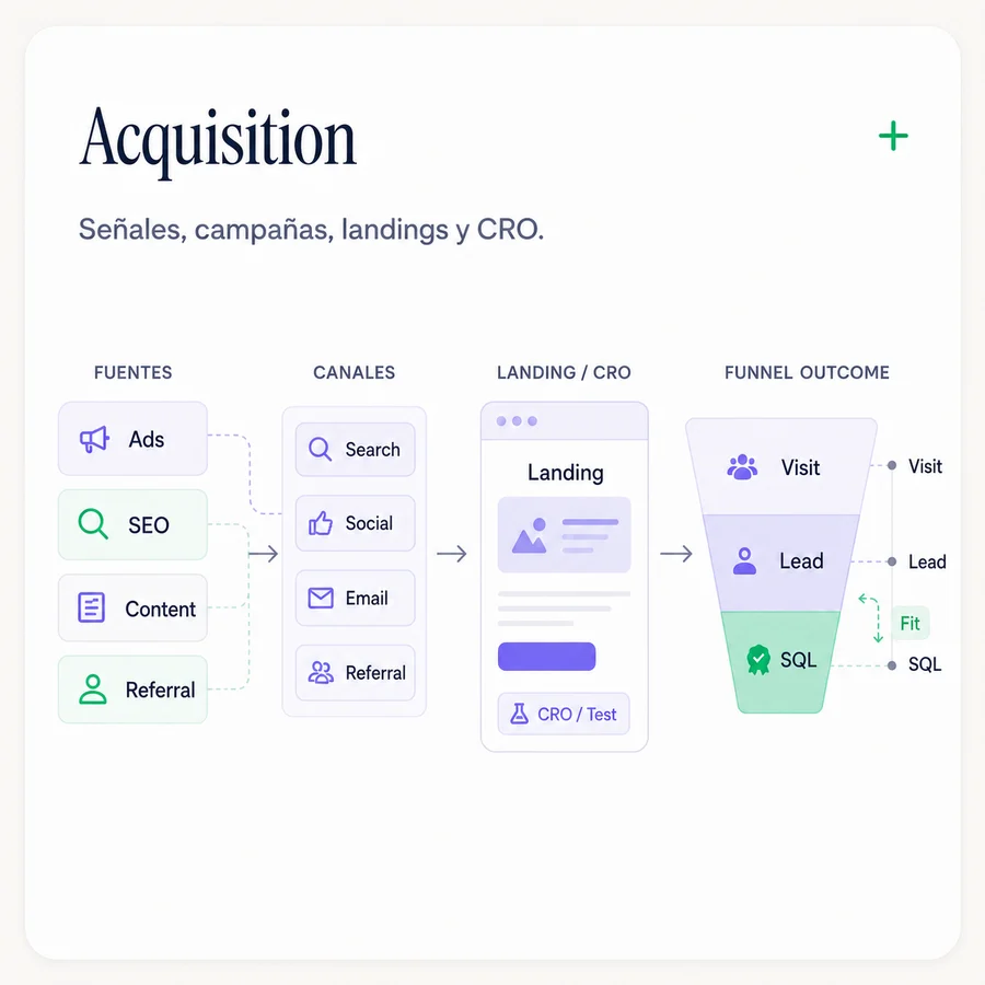 Acquisition — señales, campañas, landings y CRO: fuentes, canales, landing y funnel de conversión.